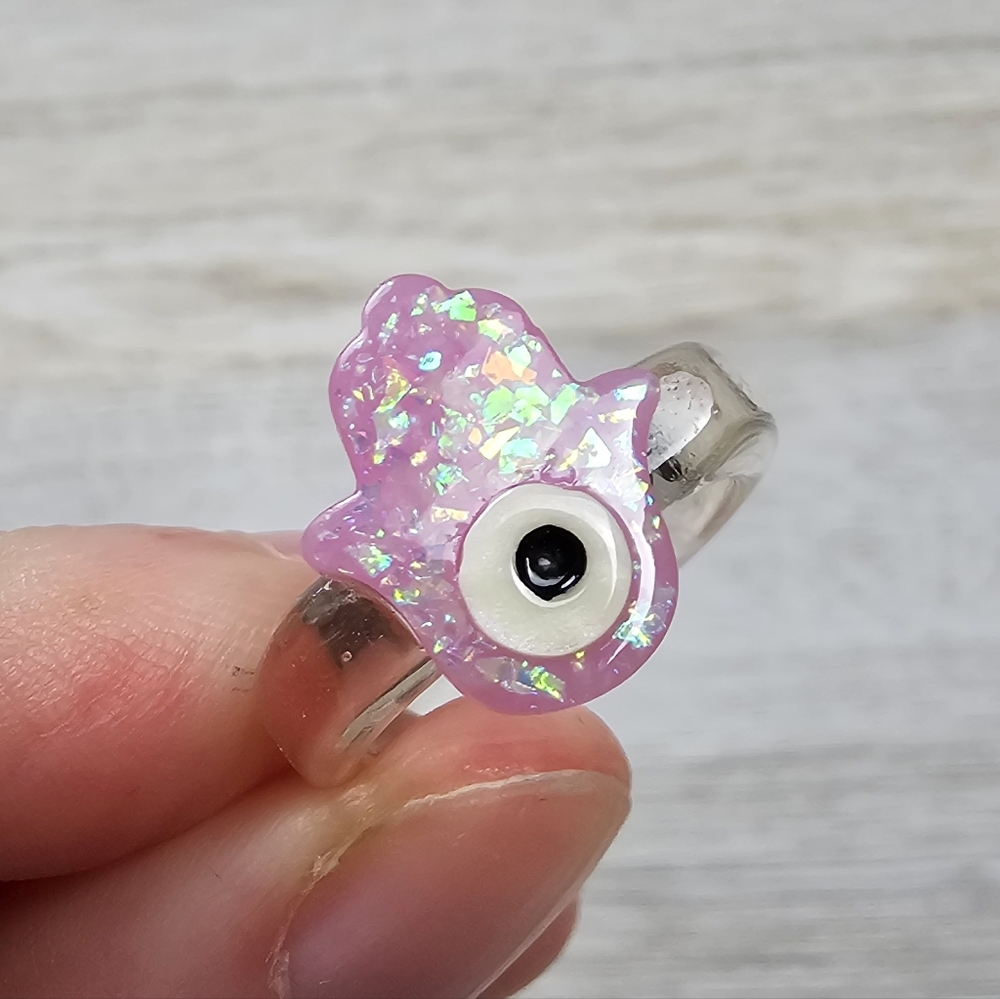 Hamsa Evil Eye Sparkle Ring Magenta Y2K - Picture 4 of 7